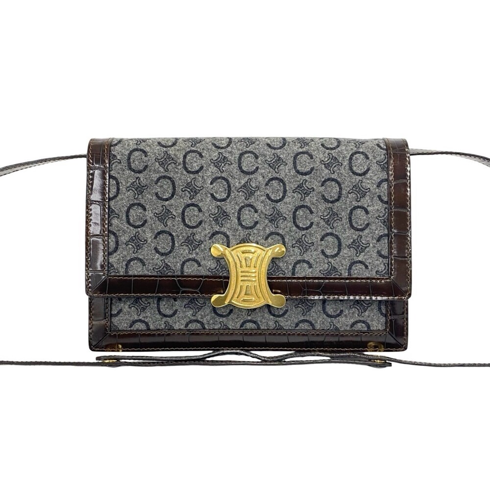 CELINE Vintage C Macadam Pattern Blazon Wool Leather Shoulder Bag/Pochette, G...